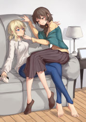 Rule 34 | 2girls, absurdres, barefoot, black hair, blonde hair, blue eyes, blue pants, book, brown eyes, couch, couple, eye contact, face-to-face, feet, highres, imminent kiss, long hair, pants, long skirt, looking at another, miso (b7669726), multiple girls, original, pants, ponytail, skirt, socks, yuri