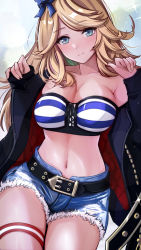Rule 34 | 1girl, bad id, bad pixiv id, bandeau, bare shoulders, belt, black belt, black jacket, blonde hair, blue bow, blue eyes, bow, breasts, cleavage, collarbone, commentary, cowboy shot, denim, denim shorts, gold city (umamusume), hair bow, hands up, head tilt, highres, jacket, large breasts, long hair, long sleeves, looking at viewer, midriff, navel, open clothes, open jacket, shiratsuki (1ka6969), short shorts, shorts, smile, solo, standing, stomach, strapless, striped bandeau, thigh strap, thighs, tube top, umamusume