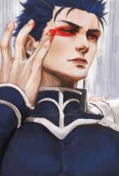 Rule 34 | 1boy, armor, blood, blood on face, blue hair, cu chulainn (fate), cu chulainn (fate/stay night), earrings, fate (series), highres, jewelry, male focus, one eye closed, pauldrons, red eyes, sasamura, shoulder armor, solo, spiked hair