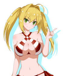 Rule 34 | &gt;:), 1girl, ahoge, arm at side, bare arms, bare shoulders, bikini, blonde hair, blue background, blush, breasts, cleavage, closed mouth, collarbone, criss-cross halter, earrings, fate/grand order, fate (series), green eyes, hair intakes, halterneck, head tilt, highres, index finger raised, jewelry, large breasts, long hair, looking at viewer, nanju bami, navel, nero claudius (fate), nero claudius (fate) (all), nero claudius (swimsuit caster) (fate), red bikini, side-tie bikini bottom, smile, smug, solo, stomach, striped bikini, striped clothes, swimsuit, twintails, two-tone background, upper body, v-shaped eyebrows, white background