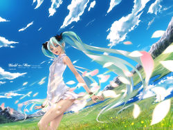 Rule 34 | 1girl, blue eyes, cloud, day, field, green hair, hatsune miku, highres, long hair, nature, outdoors, petals, redjuice, sky, solo, supercell (band), twintails, vocaloid, wallpaper, world is mine (vocaloid)