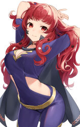 Rule 34 | 1girl, absurdres, arms up, belt, black capelet, bodysuit, breasts, capelet, choker, cleavage, clothing cutout, cowboy shot, facial mark, fire emblem, fire emblem engage, haru (nakajou-28), highres, looking at viewer, medium breasts, midriff, nintendo, red hair, short sleeves, side cutout, simple background, smile, solo, standing, star (symbol), thighs, white background, yellow belt, yunaka (fire emblem)
