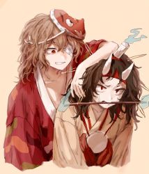 Rule 34 | 2others, ametsukana yago, androgynous, bandage over one eye, black hair, brown eyes, brown hair, candle, cyclops, fangs, fire, fire, ghost, ghost tail, hairband, hakama, hemo (hemoroda), horns, japanese clothes, kimono, lamp, len&#039;en, mask, mouth hold, multiple others, one-eyed, red eyes, short hair, smirk, solo, sweatdrop, taira no chouki