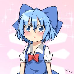 Rule 34 | 1girl, :o, bad id, bad pixiv id, blue eyes, blue hair, blush, bow, bowtie, cirno, collared shirt, commentary request, dress, hair bow, highres, ice, ice wings, looking at viewer, matching hair/eyes, miitan (kazamiita), pink background, puffy short sleeves, puffy sleeves, shirt, short hair, short sleeves, signature, solo, sparkle, touhou, tsurime, upper body, wide-eyed, wings