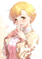 Rule 34 | 1girl, :d, blonde hair, blunt bangs, blush, breasts, brown eyes, commentary, diamond earrings, earrings, falling petals, floral print, fukuda noriko, hands up, happy, idolmaster, idolmaster million live!, idolmaster million live! theater days, jacket, jewelry, large breasts, long sleeves, looking at viewer, lower teeth only, necklace, open clothes, open jacket, open mouth, petals, pink vest, shirt, short hair, simple background, smile, solo, steepled fingers, tareme, teeth, upper body, vest, white shirt, yellow background, yellow jacket, zen (kamuro)