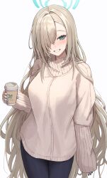Rule 34 | 1girl, absurdres, alternate costume, asuna (blue archive), black pants, blue archive, blue eyes, blue halo, blue nails, blush, breasts, casual, coffee cup, cowboy shot, cup, disposable cup, fingernails, grin, hair over one eye, halo, highres, holding, holding cup, icetea774, large breasts, light brown hair, long hair, looking at viewer, nail polish, pants, simple background, sleeves past wrists, smile, solo, sweater, white background, white sweater