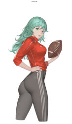 Rule 34 | 1girl, absurdres, american football (object), ass, ball, breasts, green eyes, green hair, grey pants, hand on own hip, highres, holding, holding ball, ki min-woo, leggings, medium breasts, original, pants, parted lips, red shirt, rugby ball, shirt, simple background, skin tight, sportswear, striped, vertical stripes, yoga pants