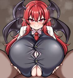 1girl bat_wings black_wings blush breasts bursting_breasts clothed_female_nude_male clothed_paizuri detritus dot_nose eyelashes fang gigantic_breasts highres koakuma long_hair looking_at_viewer matching_hair/eyes necktie nude paizuri pointy_ears red_eyes red_hair red_necktie shiny_clothes skin_fang smile touhou vampire wings