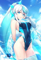 Rule 34 | 1girl, aqua eyes, aqua hair, bare shoulders, blue jacket, blue nails, blue one-piece swimsuit, blue theme, bottle, breasts, competition swimsuit, covered navel, cowboy shot, eureka iris, groin, hair ornament, hand up, highleg, highleg swimsuit, highres, holding, jacket, kagachi saku, large breasts, liver city, long hair, looking at viewer, multicolored hair, nail polish, off shoulder, official art, one-piece swimsuit, open clothes, open jacket, outdoors, parted lips, ponytail, second-party source, sidelocks, sky, smile, solo, standing, swimsuit, thighs, two-tone hair, very long hair, virtual youtuber, water, wet, white hair
