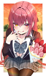 Rule 34 | absurdres, bow, bowtie, breasts, heterochromia, highres, hololive, hololive fantasy, houshou marine, large breasts, long hair, long sleeves, mogmog megmog, nail polish, outside border, pantyhose, red eyes, red hair, school uniform, smile, virtual youtuber, yellow eyes