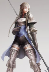 Rule 34 | 1girl, armor, artdink, braid, gloves, grey hair, highres, lips, long hair, nabe (crow&#039;s head), polearm, ravness loxaerion, simple background, solo, tactics ogre, thighhighs, twin braids, weapon, yellow eyes