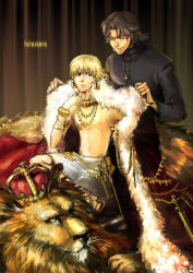 Rule 34 | 2boys, blonde hair, bracelet, brown hair, cape, copyright name, cross, crown, earrings, fate/stay night, fate/zero, fate (series), gilgamesh (fate), jewelry, kotomine kirei, lion, male focus, multiple boys, necklace, red eyes, rickar, robe, time paradox, topless male