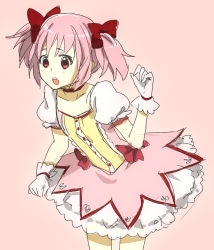 Rule 34 | 10s, 1girl, bow, catgirl0926, gloves, hair bow, kaname madoka, magical girl, mahou shoujo madoka magica, mahou shoujo madoka magica (anime), open mouth, pink background, pink hair, short hair, short twintails, simple background, solo, twintails