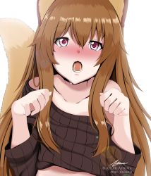 Rule 34 | 1girl, animal ears, astraea (atelierastraea), bare shoulders, blush, brown hair, brown sweater, collarbone, commentary request, hair between eyes, highres, long hair, off shoulder, open mouth, paw pose, raccoon girl, raphtalia, saliva, sweater, tate no yuusha no nariagari