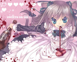 Rule 34 | 1girl, animal ears, blood, blue eyes, bottle, bow, brown hair, candy, cat ears, cat tail, chocolate, chocolate heart, dress, fang, food, frills, grin, hair bow, hair ribbon, heart, long hair, low-tied long hair, mitake eil, mouth hold, original, ribbon, smile, solo, tail, teeth, valentine, yandere