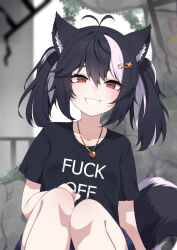 Rule 34 | 1girl, absurdres, antenna hair, black hair, black shirt, blurry, blurry background, clothes writing, collarbone, commentary, commission, grin, hair between eyes, hair ornament, heart, heart necklace, highres, indie virtual youtuber, jewelry, multicolored hair, necklace, profanity, red eyes, shirt, skunk ears, skunk girl, skunk tail, smile, solo, star (symbol), star hair ornament, streaked hair, symbol-only commentary, teeth, toboso kuroi, twintails, two-tone hair, two-tone tail, valefal coneri, vgen commission, virtual youtuber, white hair