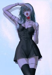 Rule 34 | 04idontexist, 1girl, artist name, bare shoulders, black dress, breasts, candy, dress, feet out of frame, fingernails, food, genderswap, genderswap (mtf), grey hair, hair between eyes, hand up, heterochromia, highres, holding, jujutsu kaisen, legs together, lips, lollipop, long hair, mahito (jujutsu kaisen), medium breasts, open mouth, scar, scar on arm, scar on face, scar on leg, scar on neck, simple background, solo, standing, thighhighs, tongue, tongue out