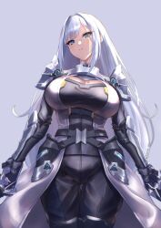 Rule 34 | 1girl, armor, blue eyes, breast tattoo, breasts, cleavage, cleavage cutout, clothing cutout, dual wielding, ethel (xenoblade), grey hair, hakusai (hksicabb), highres, holding, holding weapon, large breasts, long hair, looking at viewer, pants, parted lips, shoulder armor, simple background, solo, tattoo, very long hair, weapon, xenoblade chronicles (series), xenoblade chronicles 3