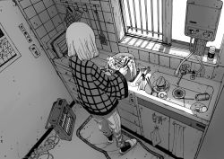 Rule 34 | 1girl, cabinet, cable, calendar (object), chopsticks, coat, commentary request, cooking, counter, cup, cutting board, dishes, drawer, faucet, food, from above, from behind, grate, greyscale, heater, highres, indoors, light switch, medium hair, monochrome, noodles, omao, original, oven mitts, pants, pot, power strip, rug, saucer, scuffed, sink, slippers, socks, solo, spatula, steam, stove, striped, striped coat, sweatpants, towel, window