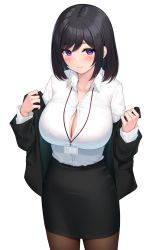 Rule 34 | 1girl, black hair, black jacket, black skirt, blush, breasts, brown pantyhose, button gap, cleavage, closed mouth, collared shirt, commentary, cowboy shot, dress shirt, highres, id card, jacket, lanyard, large breasts, long sleeves, looking at viewer, maemi (maemi12), office lady, open clothes, open jacket, original, pantyhose, pencil skirt, purple eyes, revision, shirt, short hair, skirt, smile, solo, swept bangs