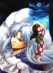 Rule 34 | 1boy, 1girl, brown eyes, brown hair, checkered clothes, checkered kimono, child, closed mouth, cloud, commentary, expressionless, facial mark, forehead mark, full body, full moon, fur, inuyasha, japanese clothes, kimono, marker (medium), moon, night, night sky, painting (medium), pointy ears, rin (inuyasha), sesshoumaru, silver hair, sky, standing, standing on one leg, takenoko (flamingo garden), traditional media, watercolor (medium)