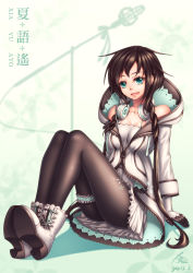 Rule 34 | absurdres, arm support, bad id, bad pixiv id, bare shoulders, black pantyhose, boots, breasts, bridal garter, brown hair, character name, cleavage, colored eyelashes, gloves, green eyes, headphones, headphones around neck, highres, long hair, medium breasts, pantyhose, smile, solo, utau, xia yu yao, zerg309