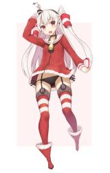 Rule 34 | 10s, 1girl, adapted costume, amatsukaze (kancolle), arm up, ascot, bell, black panties, blush, boots, collarbone, dress, eyebrows, full body, garter straps, gift, gluteal fold, goekawa, hair tubes, holding, holding gift, kantai collection, long hair, long sleeves, looking at viewer, multicolored background, open mouth, orange eyes, panties, red footwear, sailor dress, santa costume, side-tie panties, smoke, smokestack, solo, standing, striped clothes, striped thighhighs, thighhighs, two-tone background, two side up, underwear, upskirt, white hair