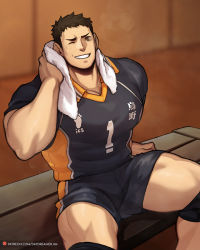 Rule 34 | 1boy, alternate pectoral size, bara, bench, black shirt, black shorts, brown hair, haikyuu!!, jimsdaydreams, large pectorals, looking at viewer, male focus, muscular, muscular male, paid reward available, pectorals, paid reward available, sawamura daichi, shirt, short hair, shorts, sideburns, sitting, smile, solo, sportswear, spread legs, sweat, thick thighs, thighs, towel, towel around neck