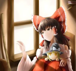 Rule 34 | 1girl, book, broom, brown eyes, brown hair, chair, character doll, detached sleeves, expressionless, fen zuo, hair ribbon, hair tubes, hakurei reimu, hand up, highres, indoors, kirisame marisa, knees to chest, looking to the side, ribbon, shelf, short hair, sitting, solo, touhou, window