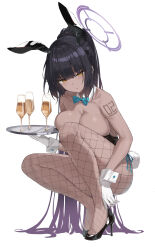Rule 34 | 1girl, 7gao, absurdres, animal ears, arm tattoo, bare arms, black footwear, black hair, blue archive, blue bow, blue bowtie, bow, bowtie, breasts, brown eyes, cup, dark-skinned female, dark skin, detached collar, drinking glass, fake animal ears, fishnet pantyhose, fishnets, full body, gloves, halo, high heels, highres, holding, holding tray, karin (blue archive), karin (bunny) (blue archive), large breasts, leotard, long hair, pantyhose, playboy bunny, ponytail, rabbit ears, solo, squatting, tattoo, tray, very long hair, white gloves, wrist cuffs