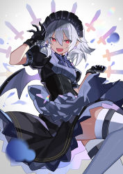 Rule 34 | 1girl, alternate color, bat wings, black eyes, black gloves, black skirt, blue bow, blue bowtie, blurry, blurry foreground, bow, bowtie, cosplay, duplicate, falken (yutozin), fingernails, gloves, grey hair, hair between eyes, highres, izayoi sakuya, izayoi sakuya (cosplay), long fingernails, looking at viewer, maid, maid headdress, mini wings, open mouth, petals, pixel-perfect duplicate, red eyes, remilia scarlet, short hair, skirt, smile, solo, thighhighs, touhou, very long fingernails, white thighhighs, wings, zettai ryouiki