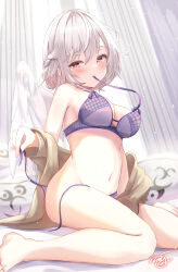 Rule 34 | 1girl, absurdres, blush, bra, bra in mouth, braid, breasts, brown jacket, cleavage, clothes in mouth, commentary request, curtains, french braid, full body, highres, jacket, kishin sagume, large breasts, looking at viewer, navel, niko kusa, panties, purple bra, purple panties, red eyes, short hair, signature, single wing, sitting, solo, thighs, touhou, underwear, wariza, white hair, white wings, wings