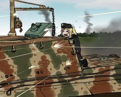Rule 34 | &gt; &lt;, 1girl, blonde hair, projectile trail, camouflage, chernoshka, closed eyes, d:, dx, flying sweatdrops, forest, military, military uniform, military vehicle, motor vehicle, nature, open mouth, original, ponytail, ricocheting, short hair, smoke, sturmtiger, tank, tears, uniform, vehicle, wince