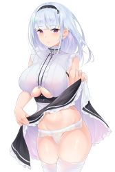 Rule 34 | 1girl, apron, azur lane, bare shoulders, black hairband, blush, breasts, clark (159123), cleavage cutout, clothing cutout, dido (azur lane), frills, hairband, highres, large breasts, lifted by self, long hair, looking at viewer, maid, navel, panties, purple eyes, sleeveless, solo, thighhighs, underboob, underboob cutout, underwear, waist apron, white apron, white hair, white panties, white thighhighs