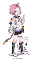 Rule 34 | 1girl, animal, animal ear fluff, animal ears, artist name, bag, bangs pinned back, bike shorts, black shorts, black socks, blue eyes, blue sailor collar, cat, cat ears, cat girl, cat tail, commentary request, diona (genshin impact), forehead, full body, genshin impact, highres, kneehighs, liclac, long sleeves, looking at viewer, open mouth, pink hair, puffy long sleeves, puffy sleeves, sailor collar, shadow, shirt, shoes, short eyebrows, short hair, short shorts, shorts, shoulder bag, simple background, skindentation, socks, solo, standing, tail, thick eyebrows, thigh strap, white background, white footwear, white shirt