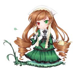 Rule 34 | 00s, 1girl, bad id, bad pixiv id, blush, bow, brown hair, chibi, dress, drill hair, female focus, frills, full body, green eyes, hairband, heterochromia, long hair, mtyy, red eyes, ribbon, rozen maiden, simple background, smile, solo, standing, suiseiseki, transparent background, very long hair, watering can