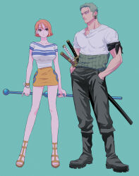 Rule 34 | 1boy, 1girl, black footwear, black pants, breasts, collarbone, frown, full body, green background, green hair, hand in pocket, highres, holding, holding staff, large breasts, maiko (setllon), miniskirt, multiple swords, nami (one piece), one piece, orange eyes, orange hair, pants, roronoa zoro, sandals, shirt, sideways glance, simple background, skirt, staff, white shirt, yellow skirt