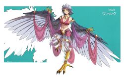 Rule 34 | 1girl, absurdres, animal hands, artist name, bare shoulders, bird legs, blush, breasts, character name, claws, cleavage, digitigrade, feather hair ornament, feathers, green background, grey feathers, hair ornament, harpy, highres, leglet, looking at viewer, medium breasts, medium hair, midriff, monster girl, navel, original, smile, solo, talons, two-tone background, ultragruntyy, valk (devalk), virtual youtuber, white background, winged arms, wings, yellow eyes