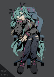 Rule 34 | 1girl, ;), arm support, black footwear, black jacket, black pants, blue eyes, breasts, chair, character name, closed mouth, commentary, copyright name, cytus, cytus ii, fingernails, full body, green hair, green nails, grey background, grey sweater, hair between eyes, hair ornament, hatsune miku, hiro chikyuujin, jacket, long hair, long sleeves, medium breasts, nail polish, office chair, on chair, one eye closed, open clothes, open jacket, pants, puffy long sleeves, puffy sleeves, ribbed sweater, shoes, sitting, smile, solo, spring onion, sweater, swivel chair, torn clothes, torn pants, turtleneck, turtleneck sweater, twintails, two-tone background, very long hair, vocaloid