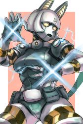 Rule 34 | 1girl, android, belt, belt pouch, border, breasts, claws, cowboy shot, electricity, fingerless gloves, gloves, highres, medium breasts, neck bell, open mouth, pink background, pouch, robo-fortune, robot, skullgirls, solo, underboob, white border, yellow eyes