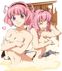 Rule 34 | 00s, 2girls, adjusting hair, alternate breast size, bathing, blush, breast hold, breasts, covering privates, covering breasts, demon tail, fence, from side, grin, hair ribbon, hairband, heart, hot spring, light smile, long hair, looking at viewer, momo velia deviluke, multiple girls, nana asta deviluke, navel, one eye closed, onsen, pink hair, purple eyes, ribbon, rock, short hair, siblings, sisters, small breasts, smile, tail, to love-ru, twins, twintails, two side up, umanosuke, upper body, wading, water, wink, wooden fence