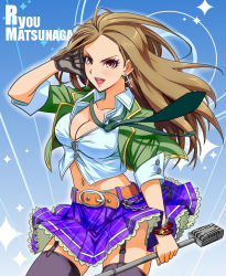 Rule 34 | 10s, 1girl, belt, breasts, brown eyes, brown hair, chain, character name, cleavage, clothes lift, cross, cross earrings, earrings, garter straps, gloves, idolmaster, idolmaster cinderella girls, jewelry, large breasts, lipstick, long hair, makeup, matsunaga ryo, microphone, midriff, navel, necktie, open mouth, plaid, plaid skirt, shinmai (kyata), shirt, skirt, skirt lift, sleeves rolled up, solo, taut clothes, taut shirt, thighhighs, wristband, zettai ryouiki