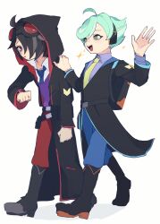 Rule 34 | + +, 2boys, :d, ahoge, arm up, backpack, bag, belt, belt pouch, black coat, black hair, blue hair, blue necktie, boots, coat, collared shirt, colored shoe soles, full body, goggles, goggles on head, green eyes, grey hair, hachi (puyopuyo), hair over one eye, hand on another&#039;s shoulder, headphones, highres, hood, hood up, hooded coat, long sleeves, male focus, multicolored hair, multiple boys, necktie, open mouth, pouch, purple shirt, puyopuyo, puyopuyo quest, red eyes, shirt, simple background, smile, sparkle, sweater vest, two-tone hair, urolo, walking, white background, yellow necktie, zero (puyopuyo)