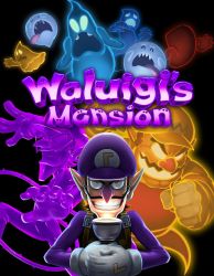 Rule 34 | 1boy, black background, boo (mario), cover, facial hair, gaku kumatori, ghost, gloves, grin, highres, holding, long nose, long sleeves, looking at viewer, luigi&#039;s mansion, luigi&#039;s mansion 3, male focus, mario (series), mustache, nintendo, parody, pointy ears, purple headwear, simple background, smile, video game cover, waluigi, wario, white gloves