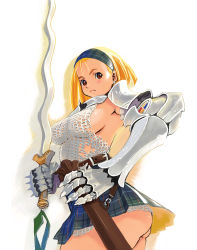 Rule 34 | 1girl, armor, ass, blonde hair, breasts, brown eyes, chainmail, cowboy shot, earrings, female focus, greaves, headband, highres, holding, holding sword, holding weapon, jewelry, large breasts, looking at viewer, miniskirt, original, plaid, plaid skirt, ryoji (nomura ryouji), simple background, skirt, solo, sword, weapon, white background