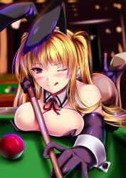 Rule 34 | &gt;;q, 1girl, akeyama kitsune, animal ears, ball, bare shoulders, billiard ball, billiards, blonde hair, blurry, blush, breast press, breasts, cleavage, cue stick, depth of field, detached collar, elbow gloves, fake animal ears, fishnet pantyhose, fishnets, foreshortening, gloves, hairband, high heels, large breasts, leaning forward, leotard, licking lips, long hair, looking at viewer, neck ribbon, one eye closed, original, pantyhose, playboy bunny, pool table, rabbit ears, red eyes, ribbon, solo, table, tongue, tongue out, twintails, v-shaped eyebrows, wrist cuffs