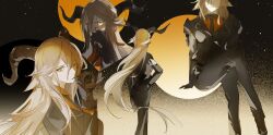 Rule 34 | 1girl, animal ear fluff, animal ears, aonogura, arknights, arm support, armband, armor, biting, black necktie, blonde hair, boots, breasts, brown background, brown footwear, brown gloves, brown jacket, brown pants, circle, closed mouth, collared shirt, commentary request, contrapposto, cropped legs, cropped torso, crossed bangs, crossed legs, degenbrecher (arknights), double-parted bangs, epaulettes, expressionless, faceless, faceless female, facing ahead, facing away, facing viewer, feet out of frame, floating hair, foot out of frame, from behind, glove biting, gloves, glowing, glowing eye, goat ears, goat girl, goat horns, gradient background, hair between eyes, hair flowing over, hand in own hair, hand on own hip, hand on own shoulder, hand on own face, hand to own mouth, hand up, head out of frame, highres, horns, invisible floor, jacket, lapels, legs, light brown background, light particles, long bangs, long hair, long sleeves, looking ahead, looking at viewer, looking to the side, medium breasts, multiple views, necktie, notched lapels, one eye closed, open clothes, open hand, open jacket, orange shirt, pants, parted lips, pauldrons, shade, shaded face, shadow, shirt, shoulder armor, shoulder pads, sidelocks, sideways glance, single epaulette, single pauldron, sitting, solo, standing, straight hair, teeth, underlighting, upper body, very long hair, white armband, wing collar, yellow eyes