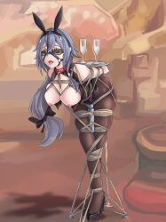Rule 34 | 1girl, absurdres, animal ears, arms behind back, bad id, bad pixiv id, bdsm, bent over, black bow, black footwear, black hair, black leotard, blindfold, bondage, bound, bow, breasts, breasts out, brown pantyhose, champagne flute, collar, cup, drinking glass, fake animal ears, fu hua, full body, hairband, headband, high heels, highres, honkai (series), honkai impact 3rd, human furniture, humiliation, large breasts, leotard, long hair, nipples, open mouth, pantyhose, playboy bunny, ponytail, rabbit ears, red collar, sex toy, shadow, shibari, shibari over clothes, solo, standing, tongue, tongue out, user wcky5775, very long hair, vibrator