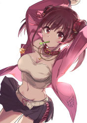 Rule 34 | 1girl, absurdres, animal collar, arms up, belt, black skirt, breasts, brown eyes, brown hair, character request, closed mouth, collar, copyright request, cowboy shot, double bun, dutch angle, hair bun, hair ribbon, heart, highres, jacket, jewelry, large breasts, long sleeves, looking at viewer, midriff, miniskirt, mouth hold, navel, necklace, open clothes, open jacket, pink jacket, pink ribbon, pizzasi, pleated skirt, red collar, ribbon, shirt, short hair, simple background, skirt, solo, sparkle, standing, strapless, tube top, white background, white belt, white shirt