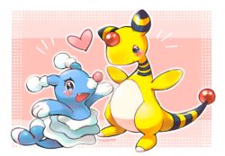 Rule 34 | :d, ampharos, arms up, black eyes, blush, brionne, creature, creatures (company), fang, full body, game freak, gen 2 pokemon, gen 7 pokemon, heart, looking at viewer, nintendo, open mouth, pink background, pokemon, pokemon (creature), signature, smile, standing, tansho
